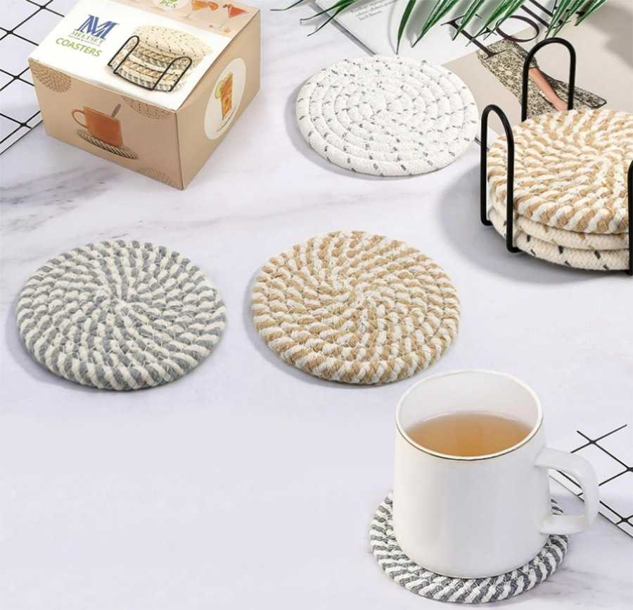 Absorbent Woven Cup Coaster Set with Holder