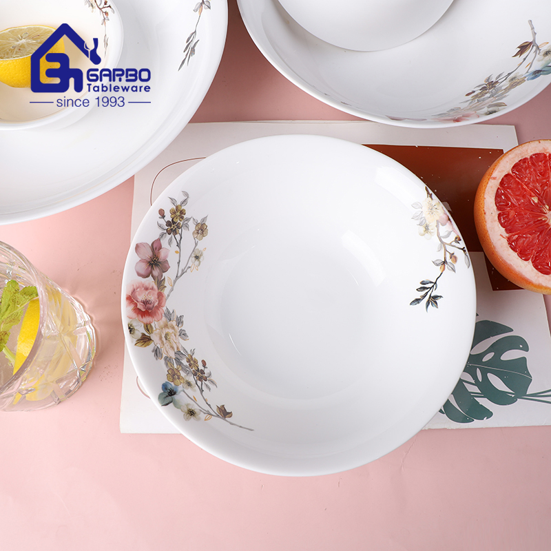 5-Inch Round White Opal Glass Food Bowl Set with Classical Flower Decal