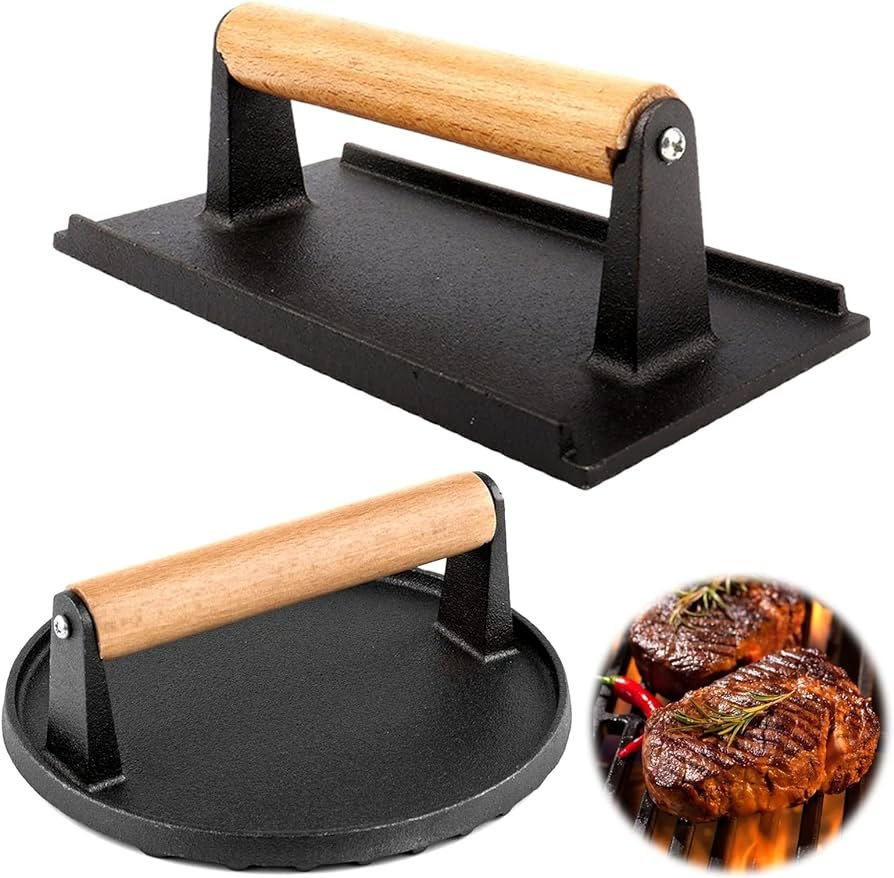 Cast Iron Grill Press Griddle Press with Cool-Touch Wood Handle Burger Press for Griddle