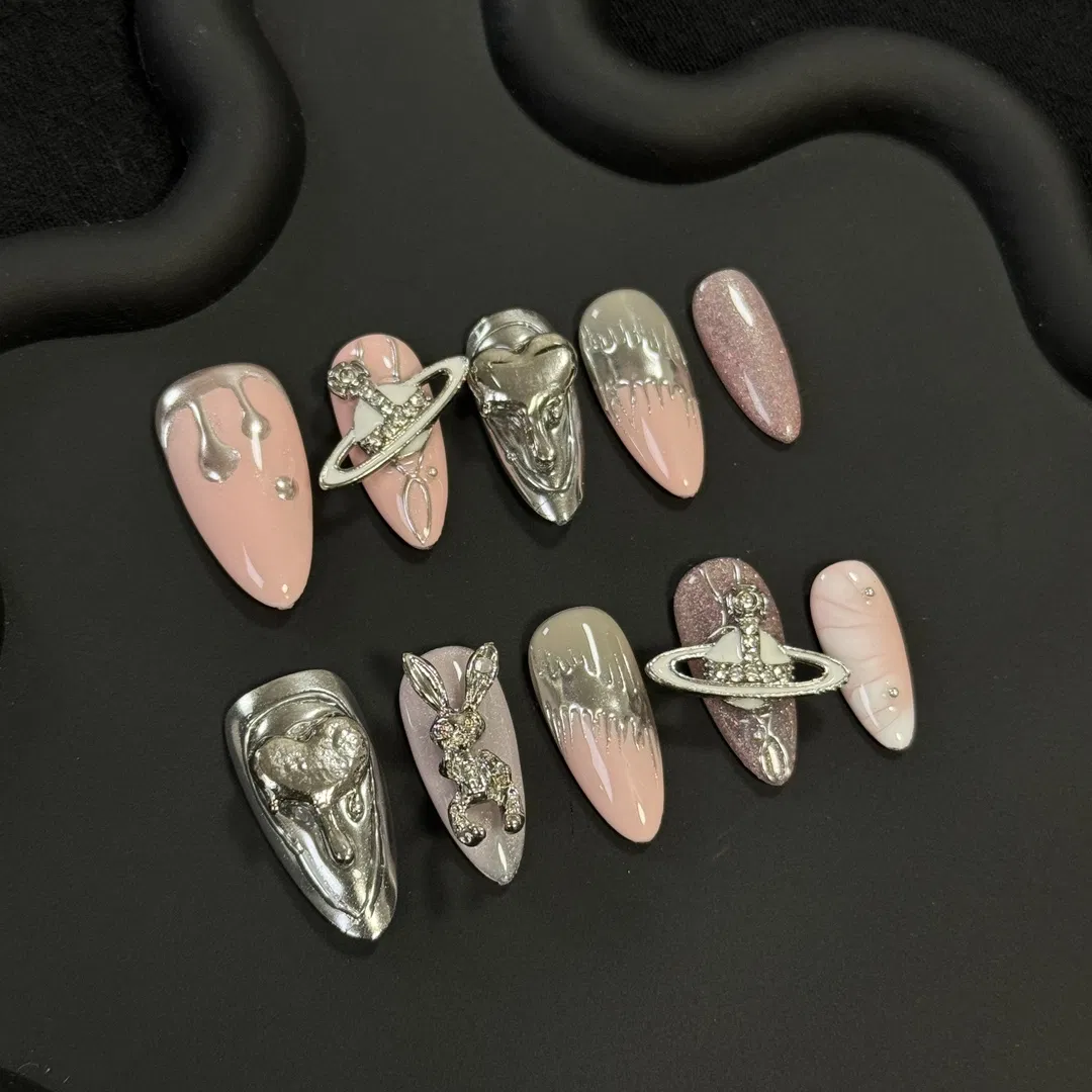 Fashionable False Nails Wholesale Artificial Art 3D Pink Rabbit Fingernails Fluorescence Nails Fake Nails