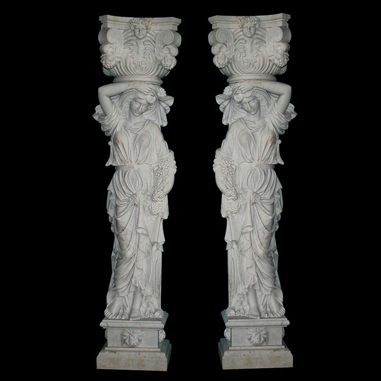 Square White Marble Pillar with Relief of Woman and Child