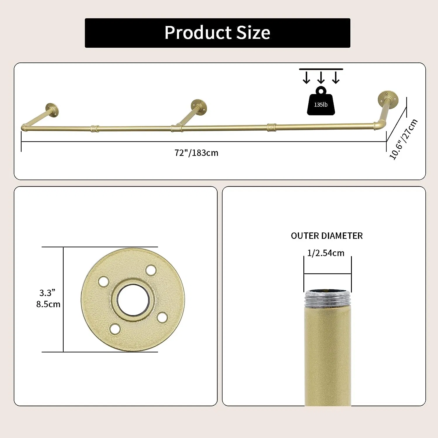 72inch Gold Wall Mounted Clothes Rack Industrial Pipe Garment Rack Hanging Rod Bar for Closet Storage