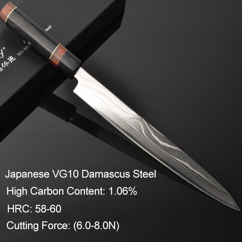 Damascus Blade Sashimi Sushi Knife with Durable Non-Slip Wood Handle Saya Sheath Cover