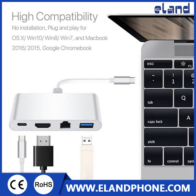 Type C to RJ45+HDMI+Pd+U3 4 in 1 Adapter