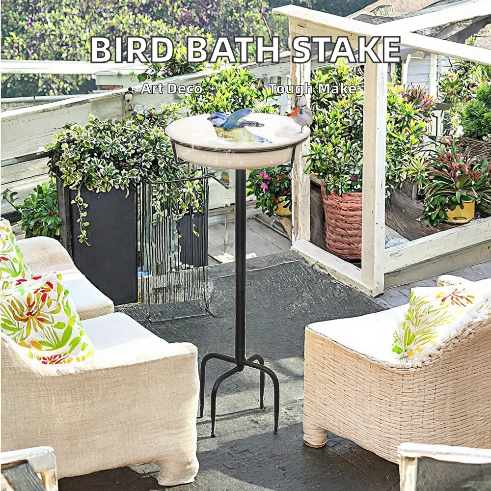 Factory Direct Outdoor Garden Decorative Bird Bath with Metal Black Stake Iron Bowl Made in India