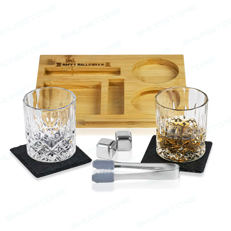 Old Fashioned Crystal Whiskey Glasses Gift Set with Stainless Steel Whiskey Stone Slate Coasters Bamboo Tray