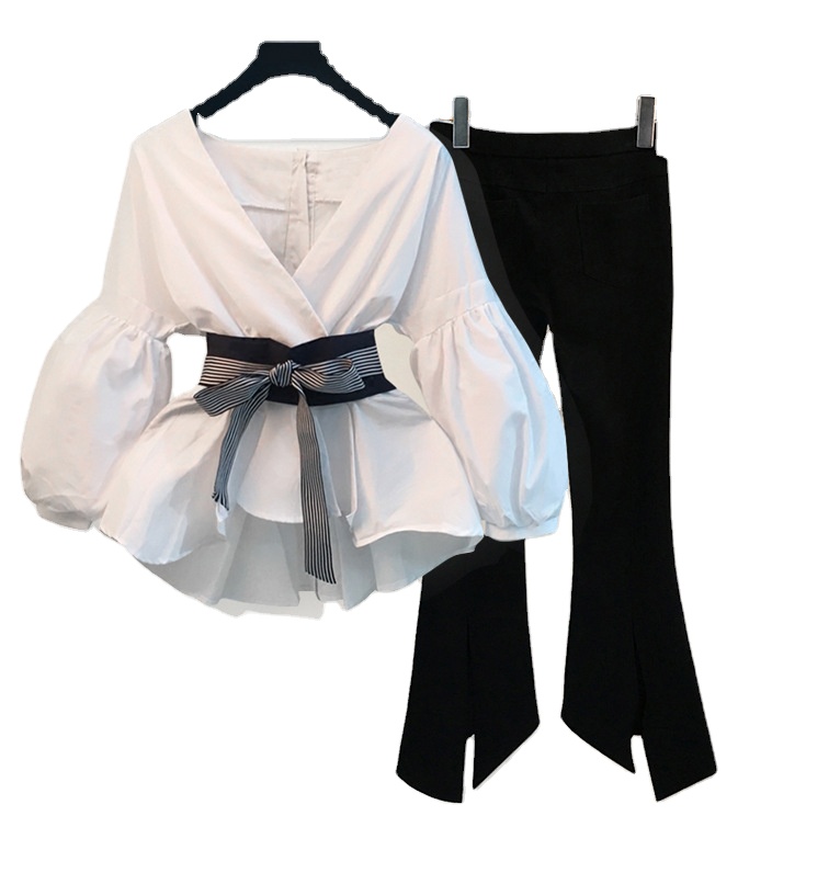 Комплект женский блузка с рукавами-фонариками и брюки больших размеров