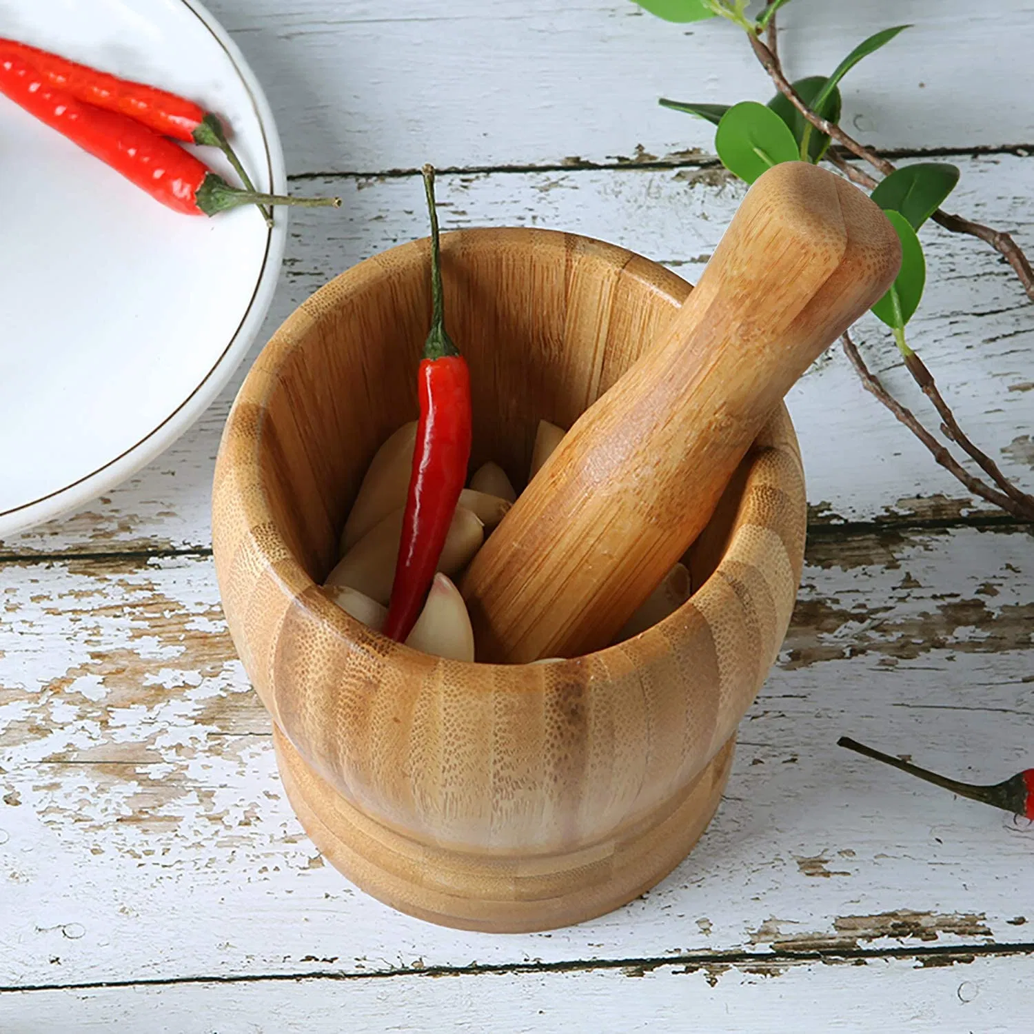 Bamboo Manual Meat Grinder Wood Mortar and Pestle