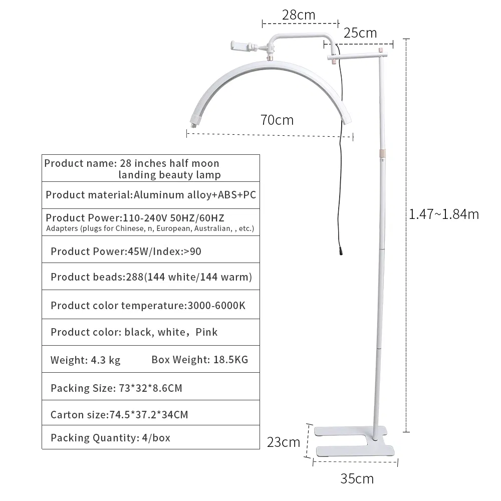 28inch LED Lamp Half-Moon Beauty Lamp for Beauty Salon (Cosmetology/Tattoo/Manicure/Eyelash)