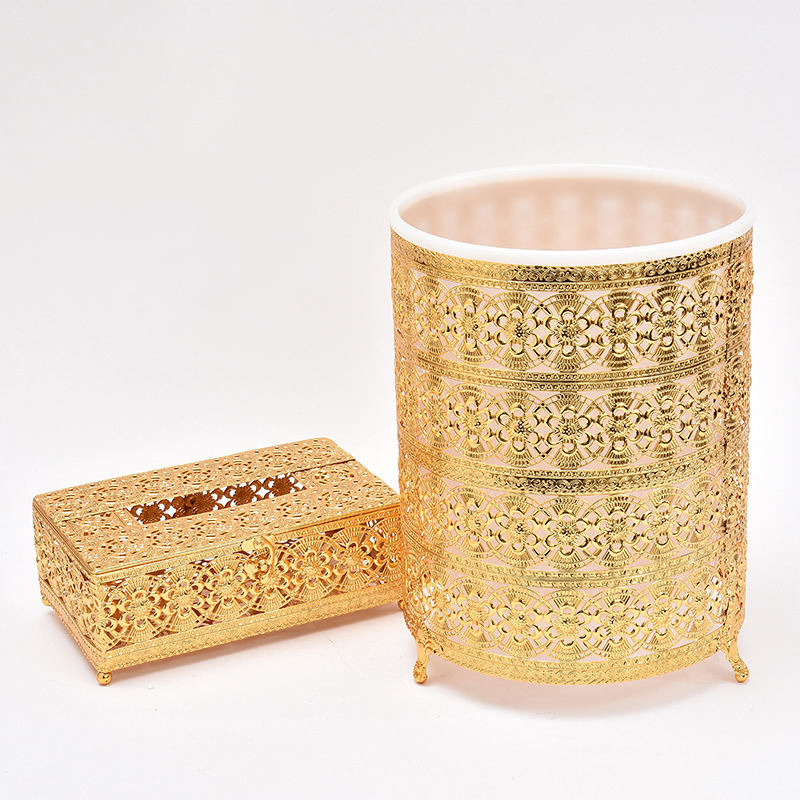 Electroplating Metal Home Decoration Tissue Box Trash Can Set