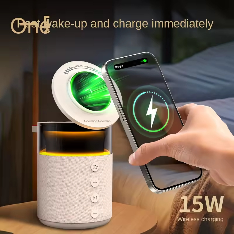 3-in-1 Magnetic Bluetooth Speaker with Wireless Charger LED Night Light Portable Super Bass Portable Smart Desktop Music Dock for Home, Office & Outdoor Use