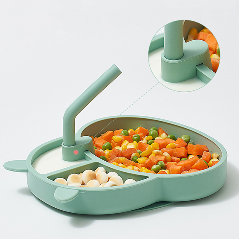 Baby Dinner Plate Sucker One-Piece Partition Plate Baby Silicone Straw Bowl Eating Training Spoon Children′ S Tableware Set