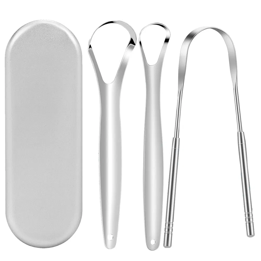 Silver-Colored Stainless Steel Tongue Scraper Set Tongue Coating Cleaner Fresh Breath