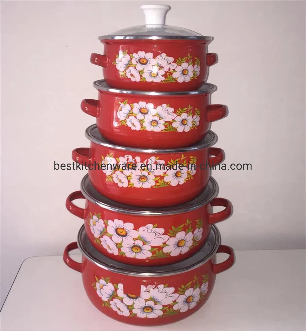 3PCS Dark Decals Two Handle Flower Carbon Steel Enamel Pot