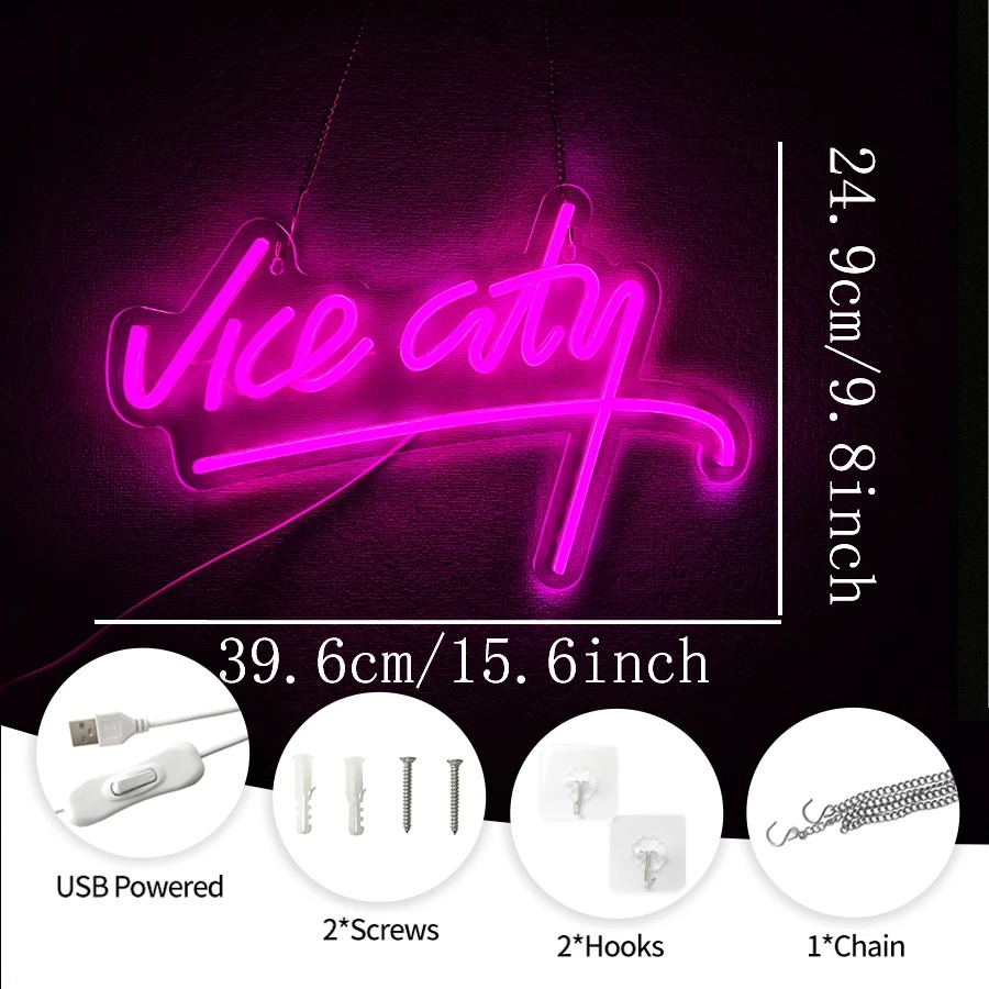 Vice City Neon Sign, LED Pink Letter Light, Used for Bedroom, Game Room, Club, Bar, Man Cave Art Decor, USB Powered Light.