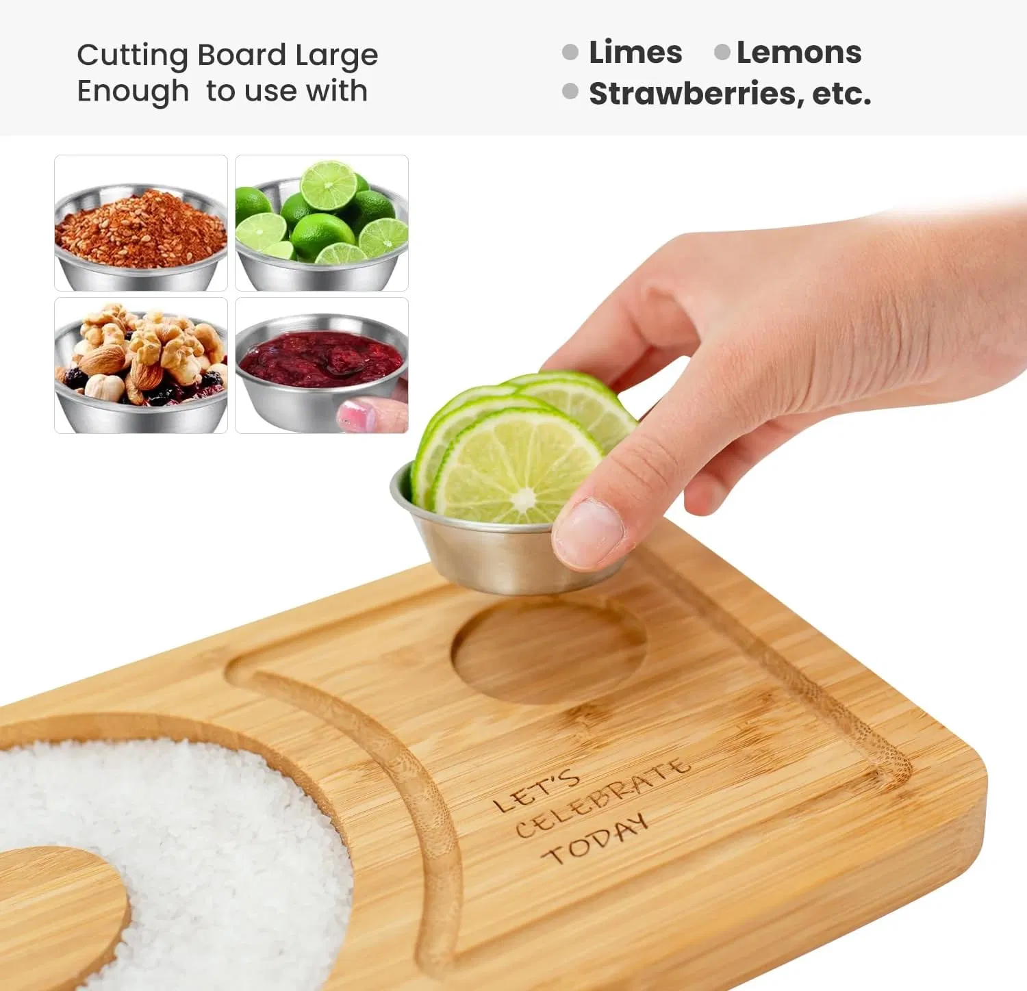 Margarita Bamboo Wood Salt/Sugar Rimmer Set W/Bowl & Room for Margarita Accessories