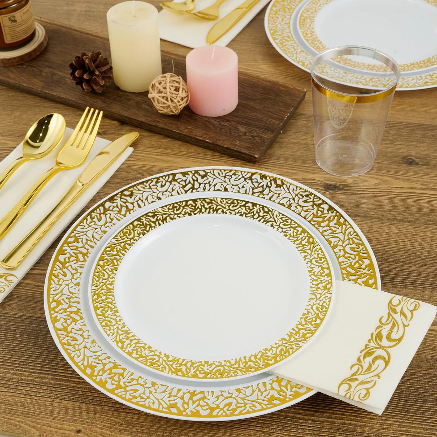 Elegant Gold Plastic Disposable Plates for Weddings & Parties