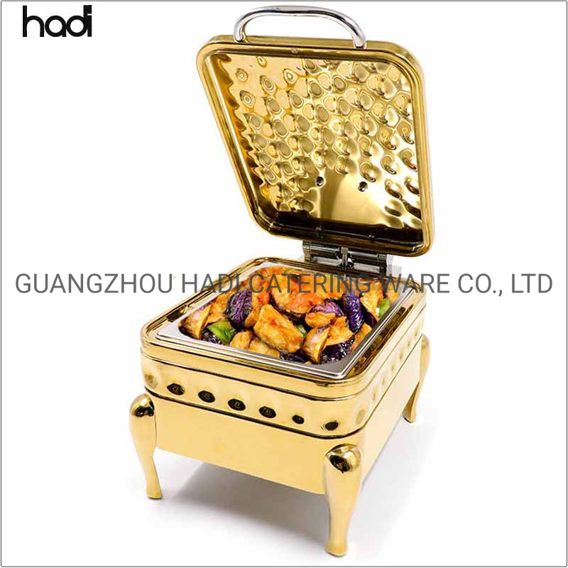 Restaurant Equipment Gold Plated Food Warmer Hot Pot Soup Luxury Golden Stainless Steel Hammered Soup Warmer Commercial Buffet Soup Station with Glass Top