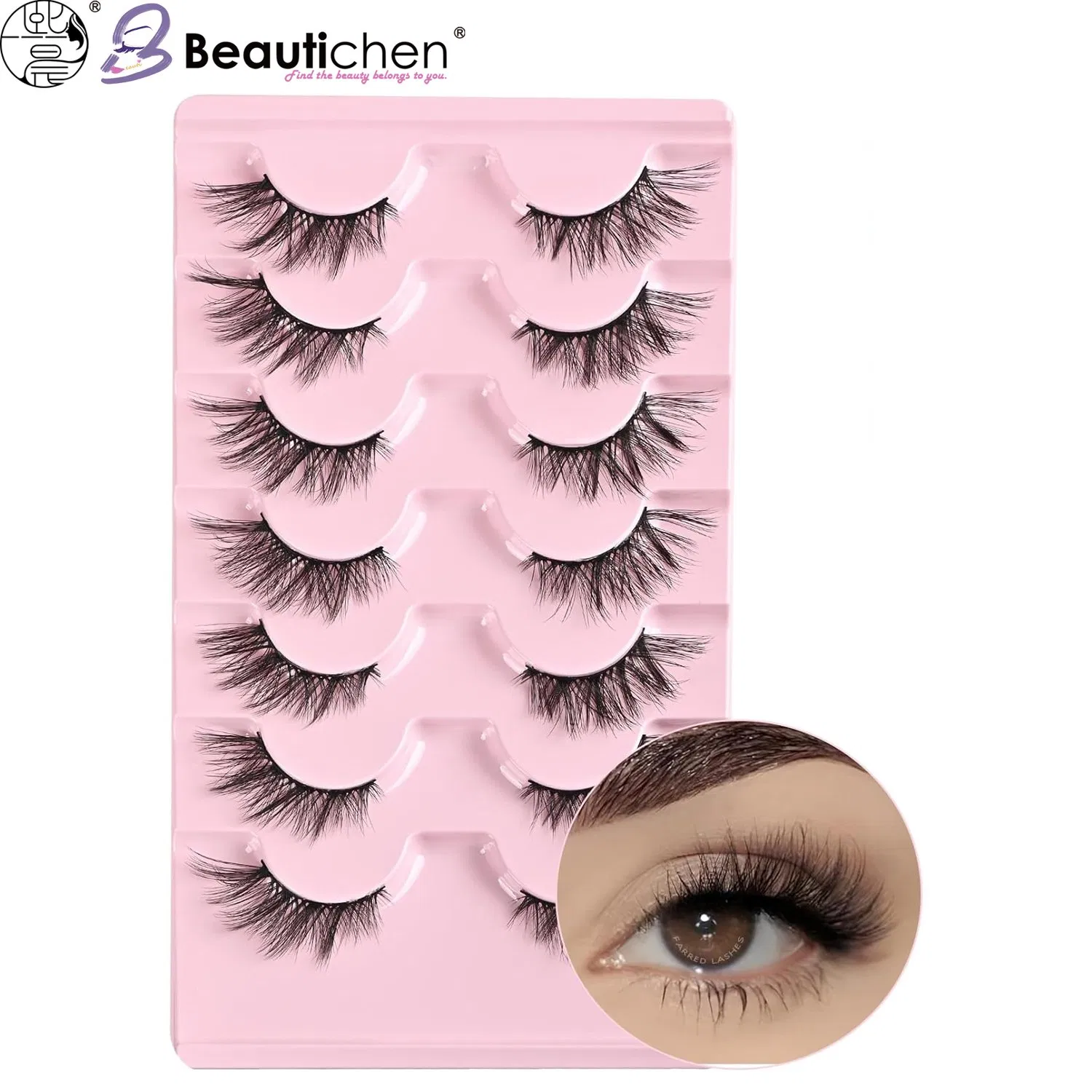 Beautichen 3D Faux Fiber False Eyelashes – 5 Pairs in Pink Tray – Dense & Curled Natural Look for Daily and Special Occasions