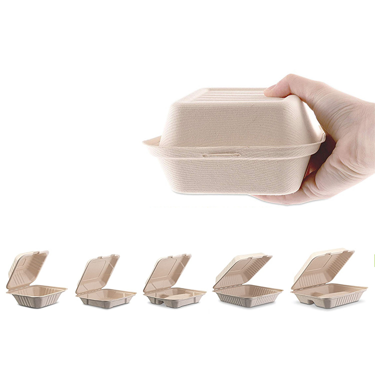 8X8X3" Compostable 3-Compartment Clamshell Sugarcane Bagasse Pulp Hinged Food Container