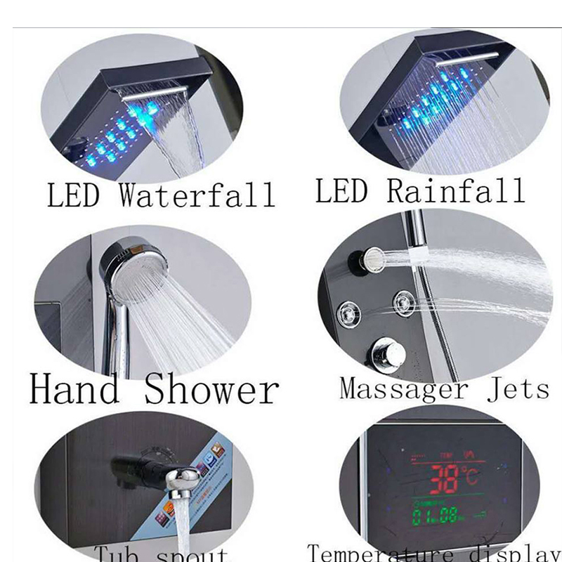 Black Thermostatic Display LED Rain Shower Head Bathroom Waterfall Shower Panels