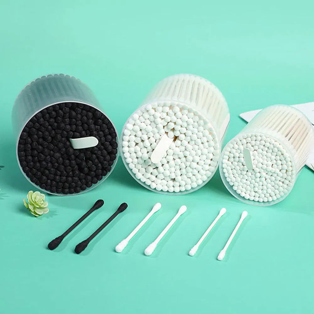 Portable Cotton Swabs with Cardboard Sticks in a Cylindrical Container.