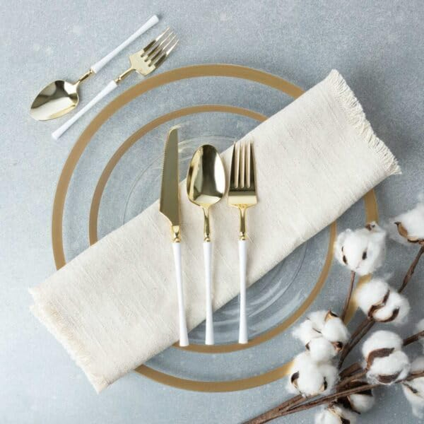 Elegant Gold and White Disposable Plastic Dinner Forks for Events