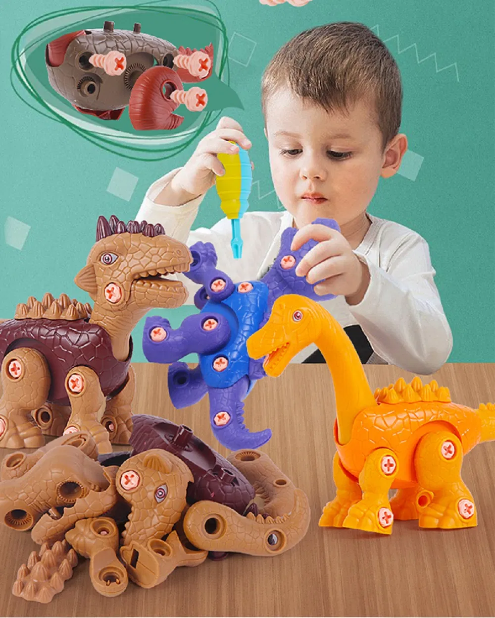 Dino DIY Construction Site Assembly Toy with Screws Take Apart Dinosaur Toys for Kids Building Toy Set with Electric Drill Play Kit Stem Learning Esg17660