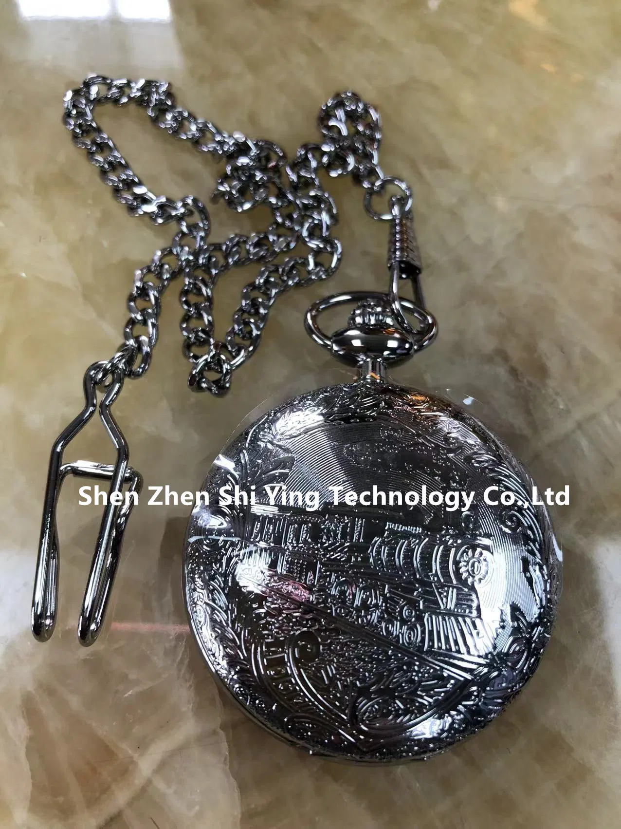 Custom Retro Vintage Railroad Gold Train Embossed Pocket Watch with Chain