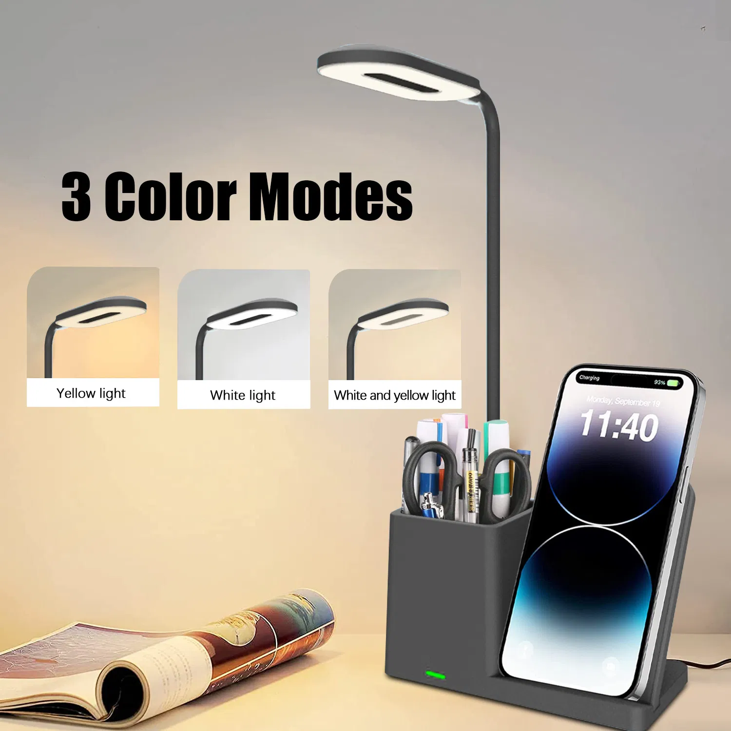 USB Port Eye Caring Desk Lamp Home Office Pen Holder Storage Dimmable Table 3 Color Modes LED Light 360 Wireless Charger Station
