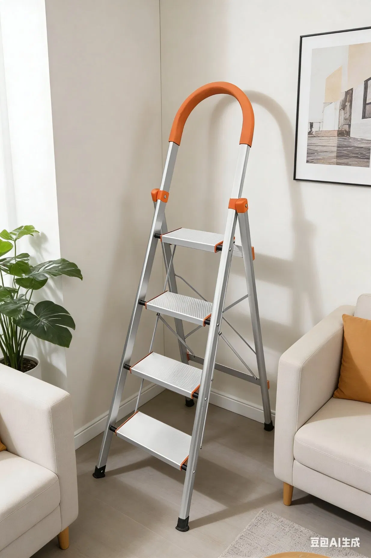 D-Shaped Armrest Ladder Household Blackened Aluminum Folding Ladder (with anti-slip foot pads, pedals and handrails)