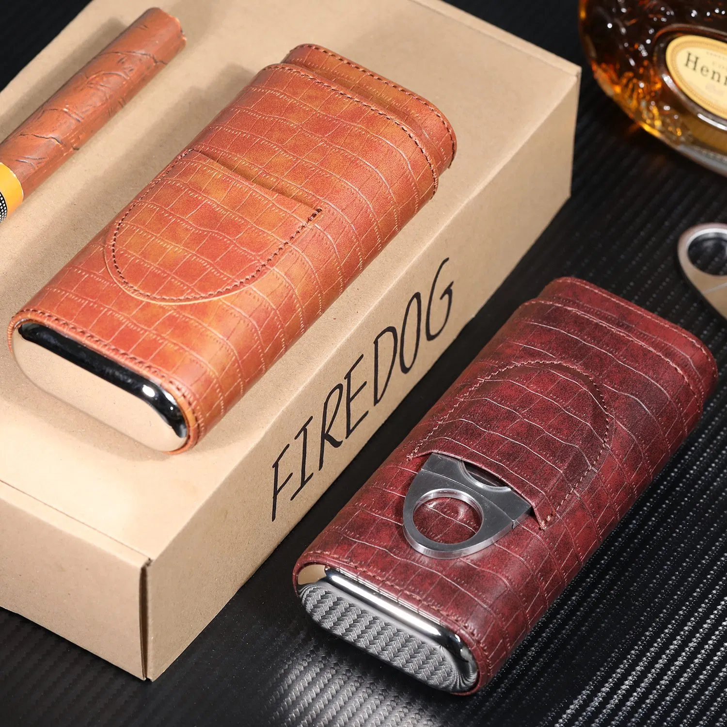Three-Piece Portable Cowhide Leather Moisture-Proof Cigar Storage Holder Cases