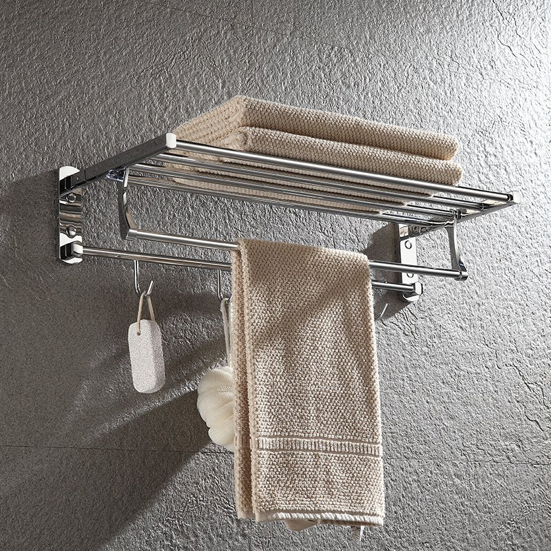 Bathroom Wall Mounted Foldable Towel Rack with Towel Hooks Polished Silver
