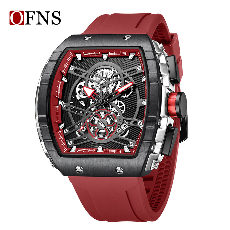 Ofns Fashion Business Men's Quartz Watch Tonneau Shape with Date Rubber Strap