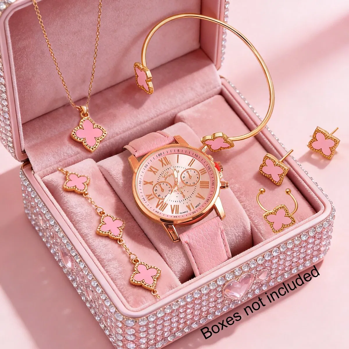 Elegant and Fashionable Women's Watch with a Pink Leather Strap and a Four-Leaf Clover Jewelry Set.