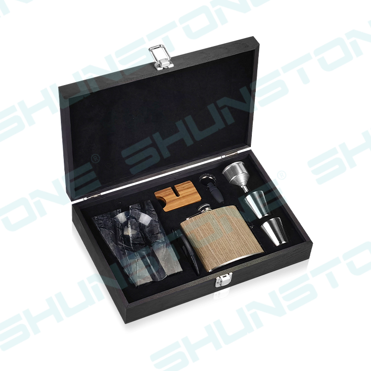 Marble Cigar Ashtray Whiskey Pocket Flask Gift Set with Black Wooden Box