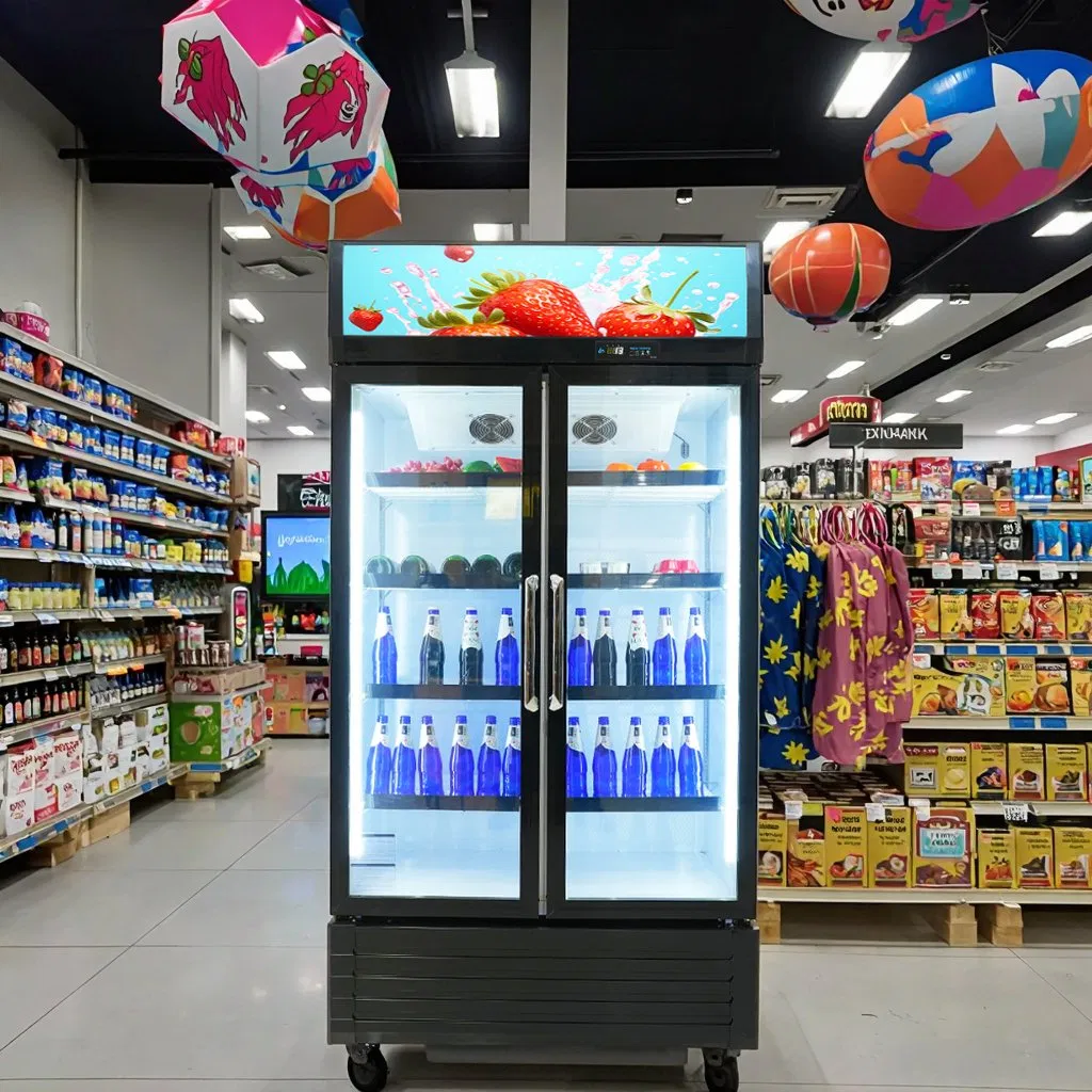 Promotion High-Quality Commercial Beverage Cooling Vertical Upright Double Tempered Swing Glass Doors Cold Coke Display Showcase Cooler