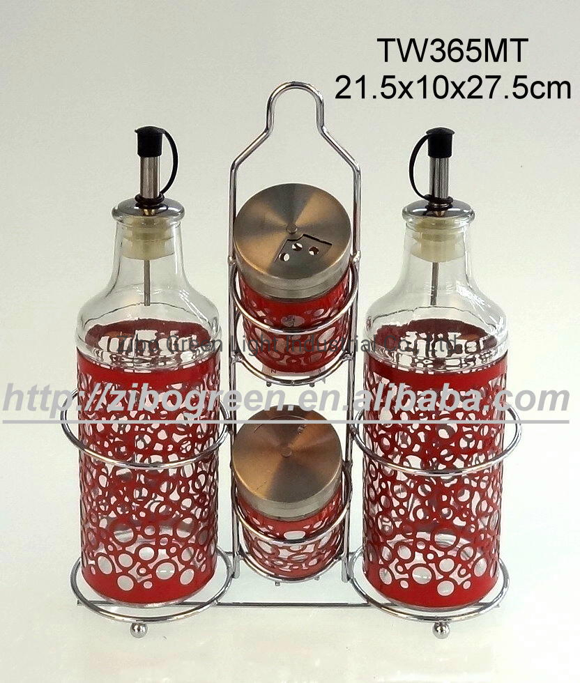 4PCS Glass Oil Vinegar Bottle and Salt Pepper Shaker with Metal Rack
