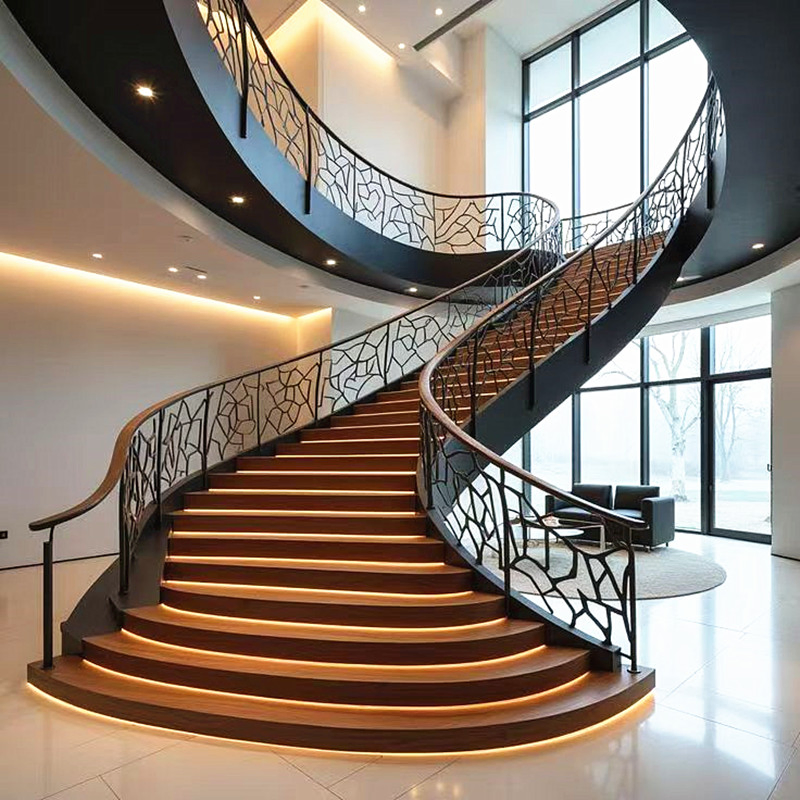 Luxury Curved Staircase for Villa Interiors Frameless Glass Balustrade & Solid Wood Treads with Metal Base
