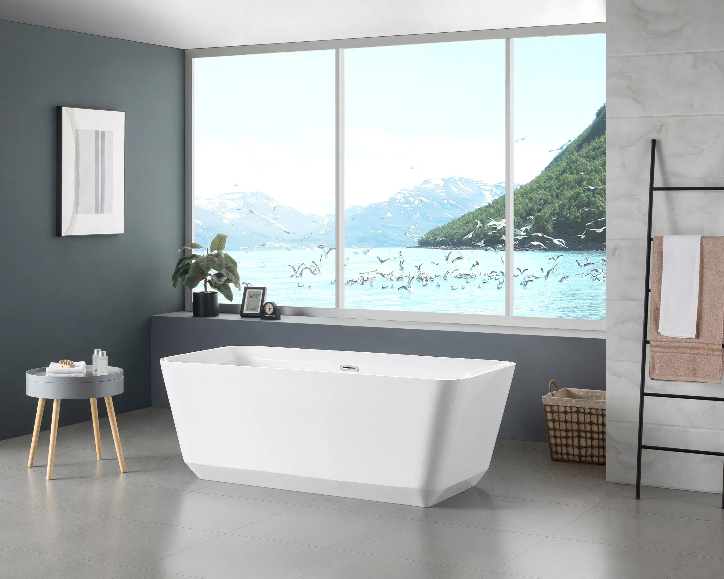 Plumbing Square Matt White&Glossy White Freestanding Acrylic Bathtub with Matt Black Freestanding Tap Mixer