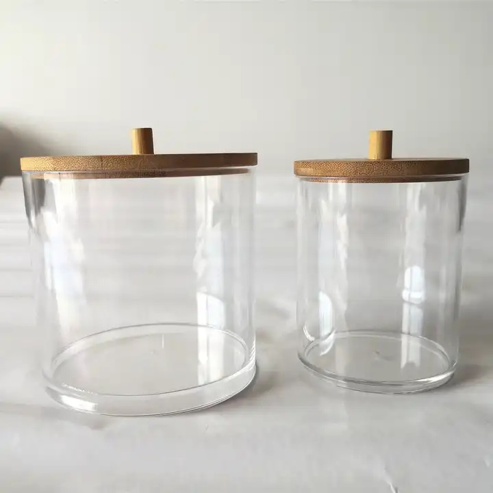 PS Acrylic Organizer Cotton Swab Ball Pad Bud Holder, Qtip Jar Clear with Bamboo Lids
