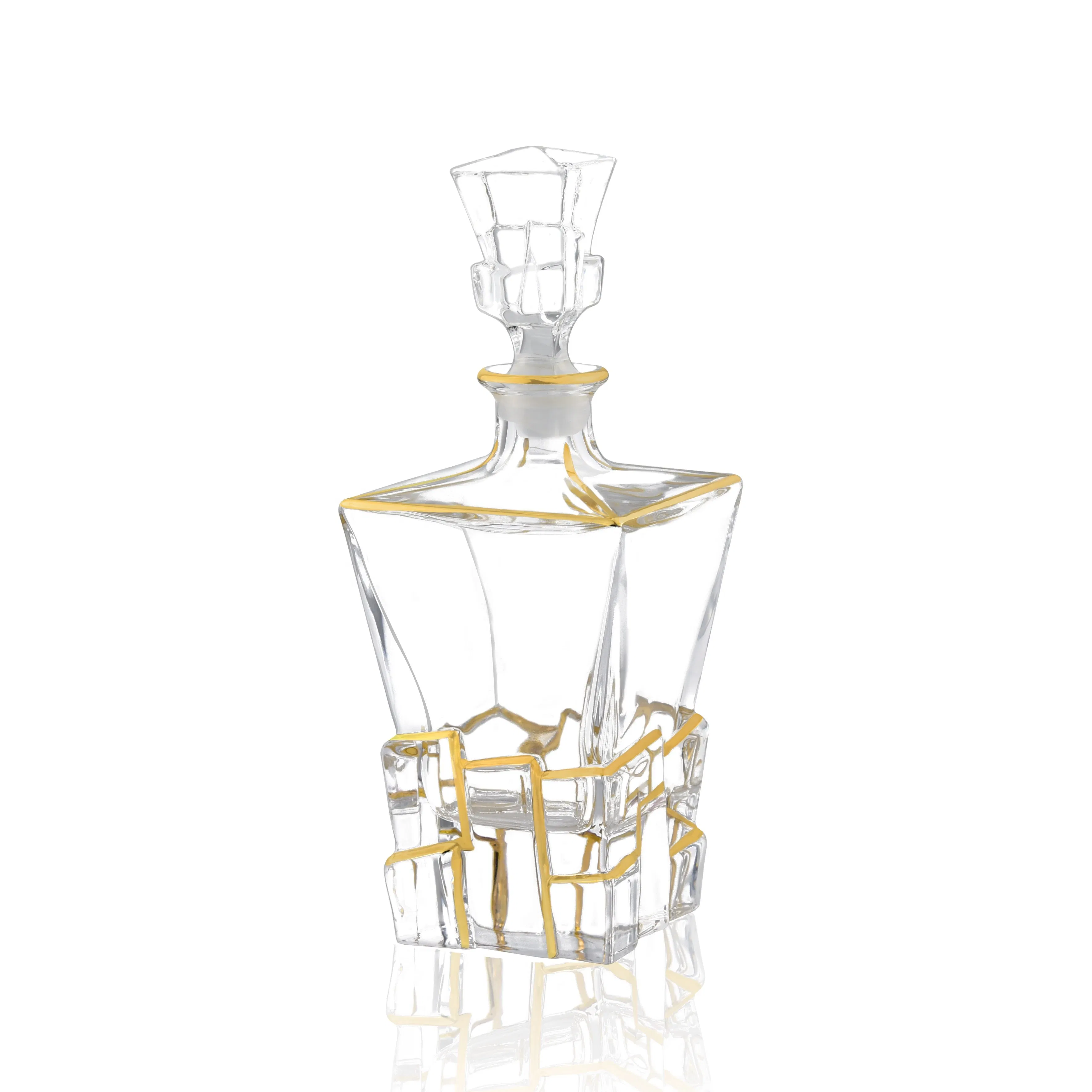 Euro Ice Cube Style Glass Gold Plated Whiskey Decanter Bottle
