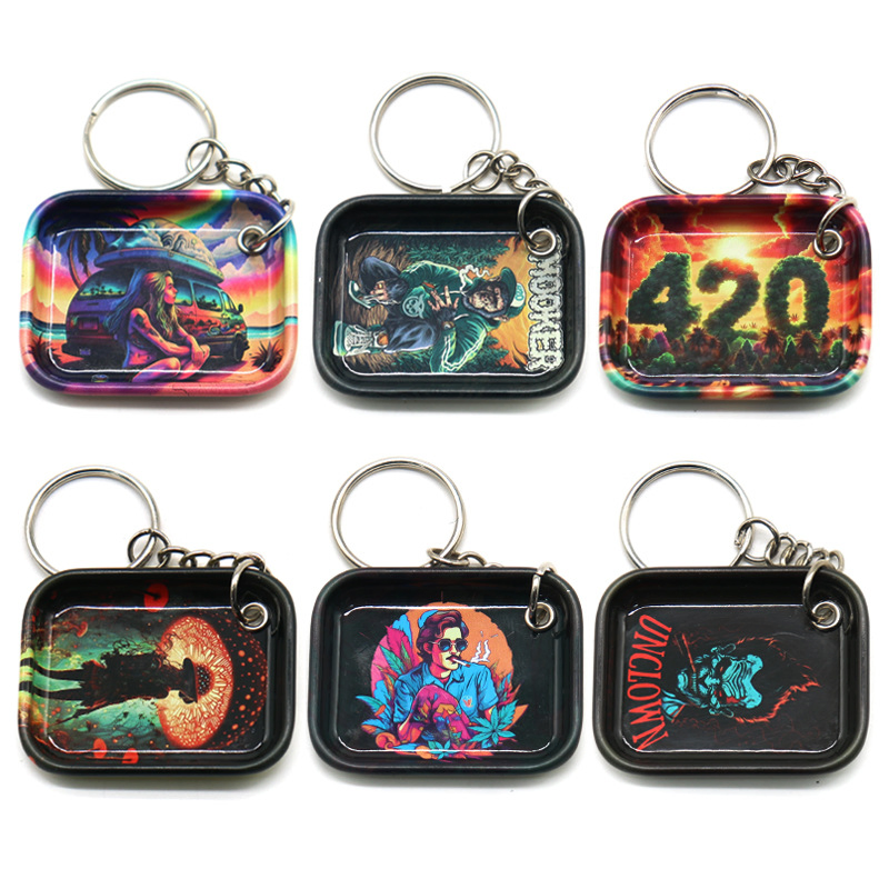 New Design Keychain Custom Mini Round Metal Rolling Tray Ashtray Cheap Tinplate Ashtray Smoking Set