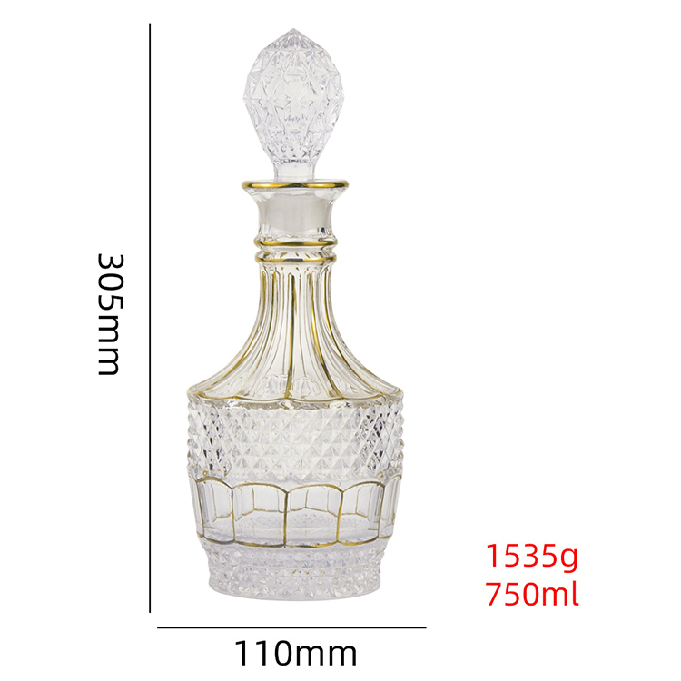 Luxury Gold Painted Wine Whiskey Spirits Glass Bottle Custom Gold Rimmed Whiskey Decanter Bottle