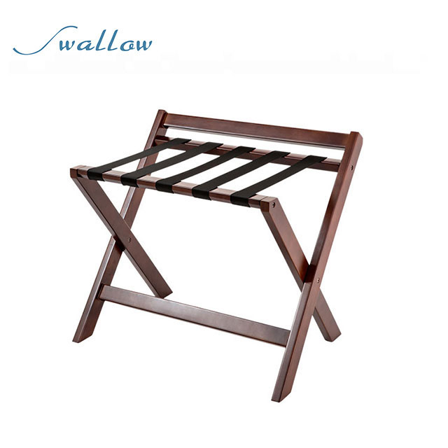 Folding Luggage Rack Made of Wood with Wand and Black Nylon Strap