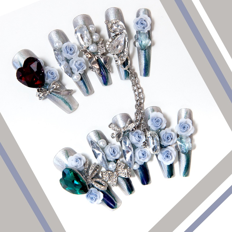 Luxury 3D Rose Press-on Nails with Stunning Crystal Chains