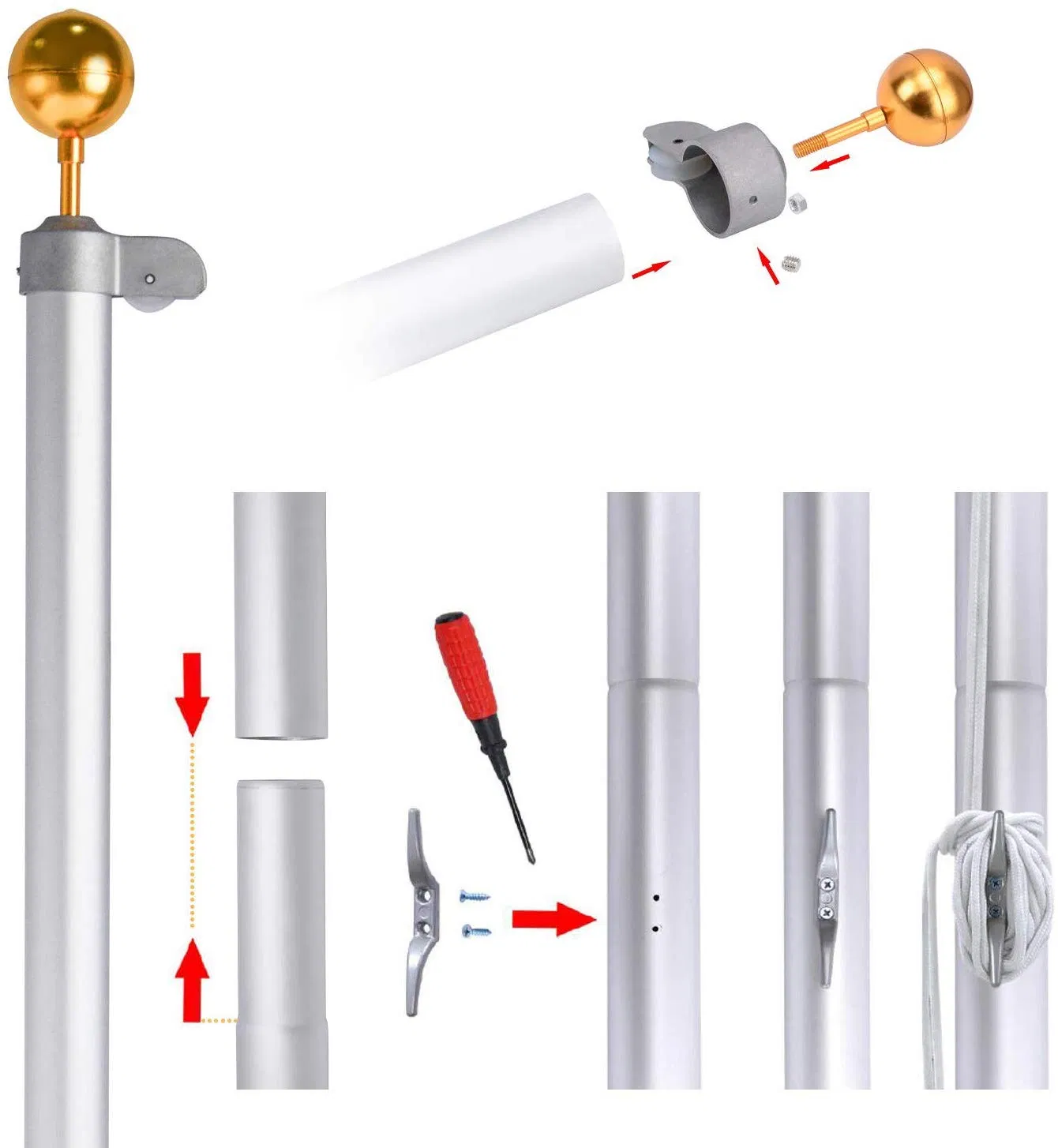 20FT 	Aluminum 20 Feet Tall Flag Pole Ball Top Kit Outdoor Garden