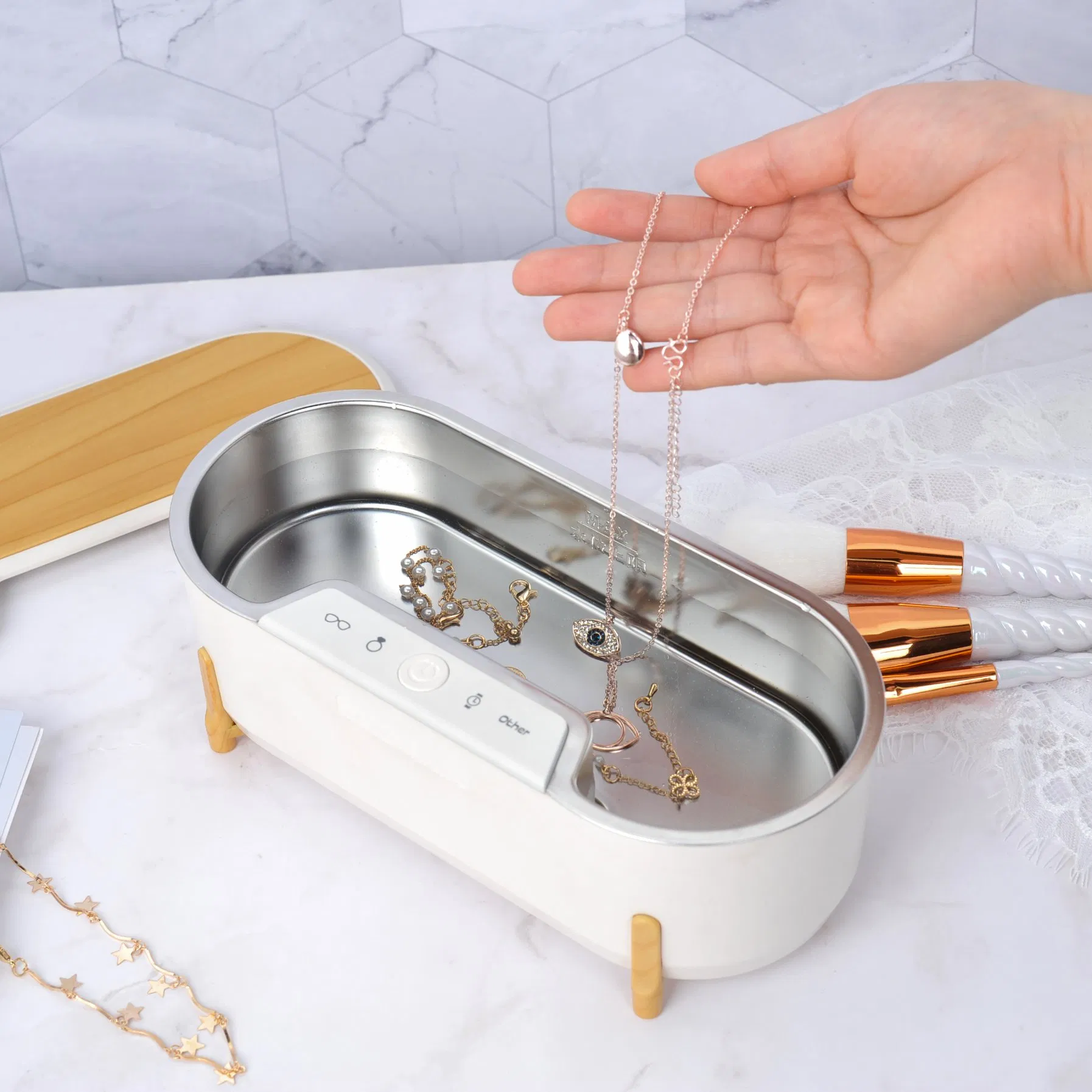 Bamboo Household Portable 500ml Makeup Tool Ultrasonic Cleaner
