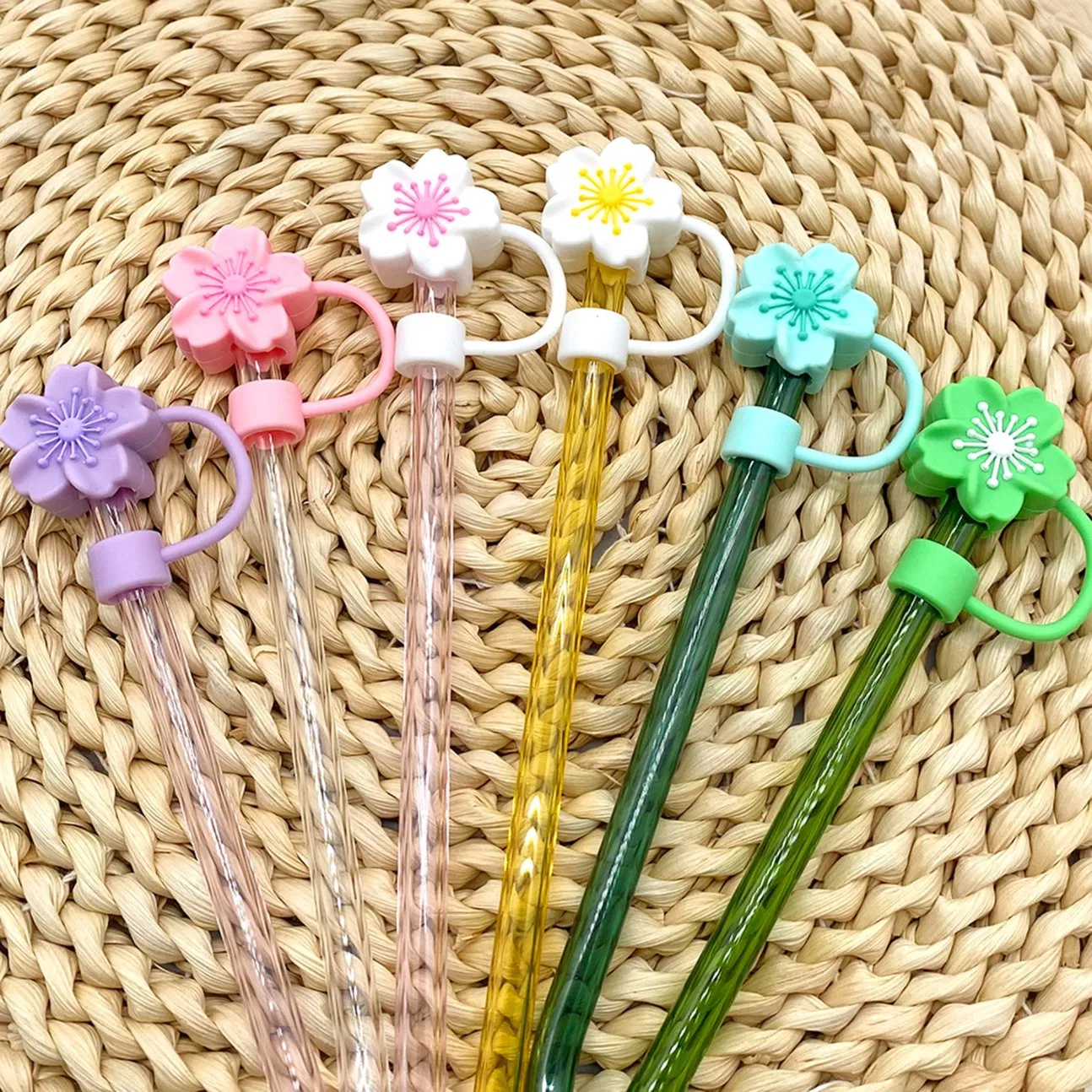 Silicone Sakura 3D Straw Cap Set of 6 Straw Accessories, Suitable for 10mm Straws, Reusable Gift