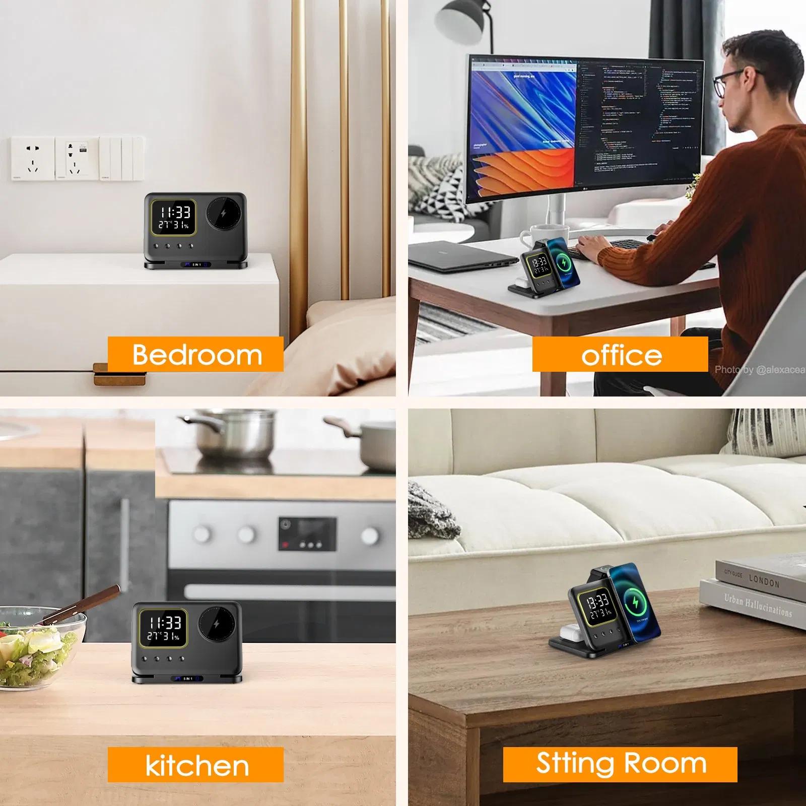 Беспроводная зарядка DH-13 с часами и логотипом, 15W